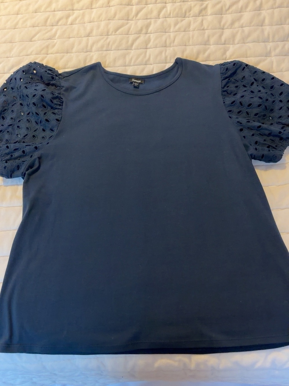 Express Navy Eyelet Puff Sleeve Top